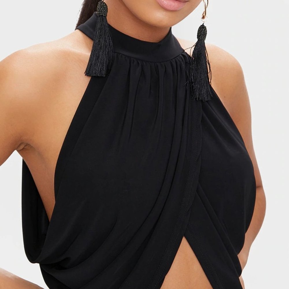 Black Neck Wrap Open Back Crop Top